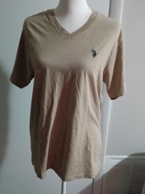 U.S. Polo Assn. Tan V-Neck Short Sleeve Tee with Navy Logo
